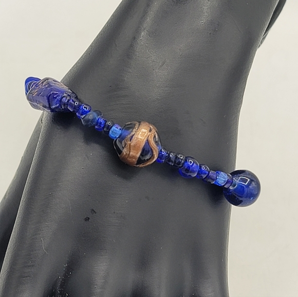 Handmade Cobalt Blue Glass Bead Bracelet Sun Charm Boho Artisan Jewelry 1990s - Picture 2 of 11